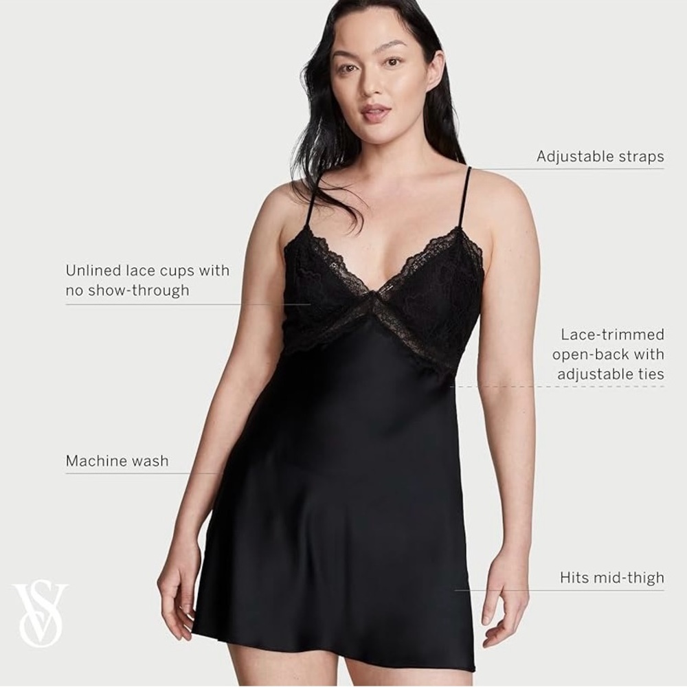 NWOT Victoria’s Secret satin black slip with lace size small
